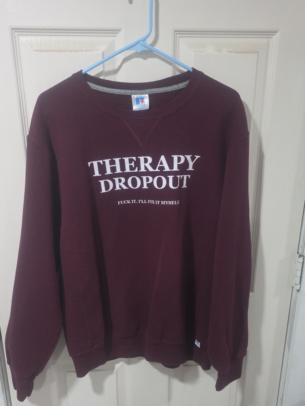 Russell Athletic Maroon Men's Crewneck Sweatshirt with White Text